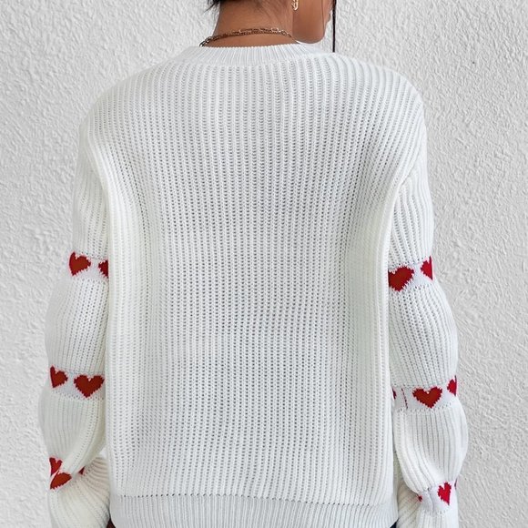 White Casual Womens Heart Pattern Flare Sleeve Sweater - Picture 3 of 5